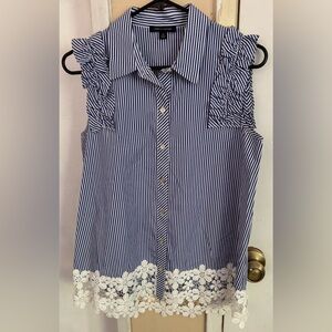 TOMMY HILFIGER Blue and White Striped Sleeveless Blouse